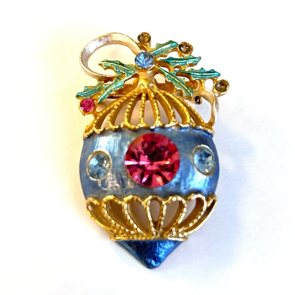 Vtg Gold Tone Rhinestone Christmas Bulb Holly Ornament Brooch Pin Missing Stones